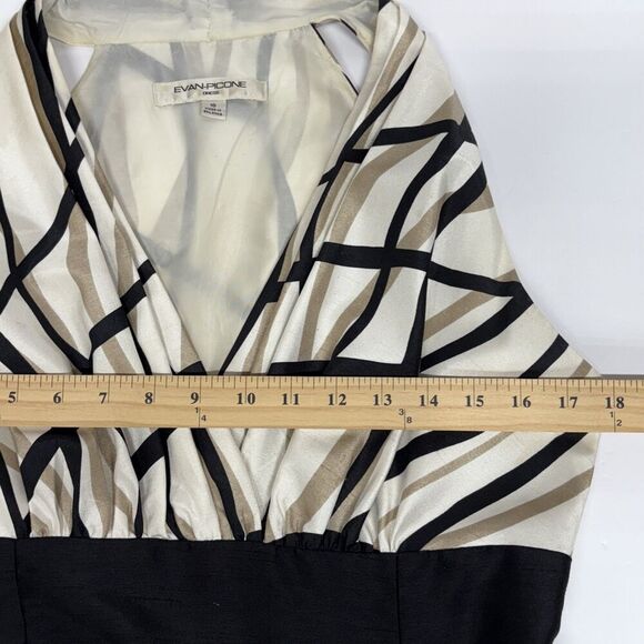 Evan Picone Halter Dress 10 Black White Tan Geometric Pattern Flare Pocket Y2k - Picture 11 of 12